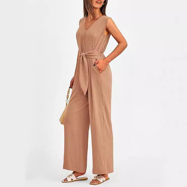 Dame Elegant Jumpsuit med Taljebælte og V-Udskæring Stilla