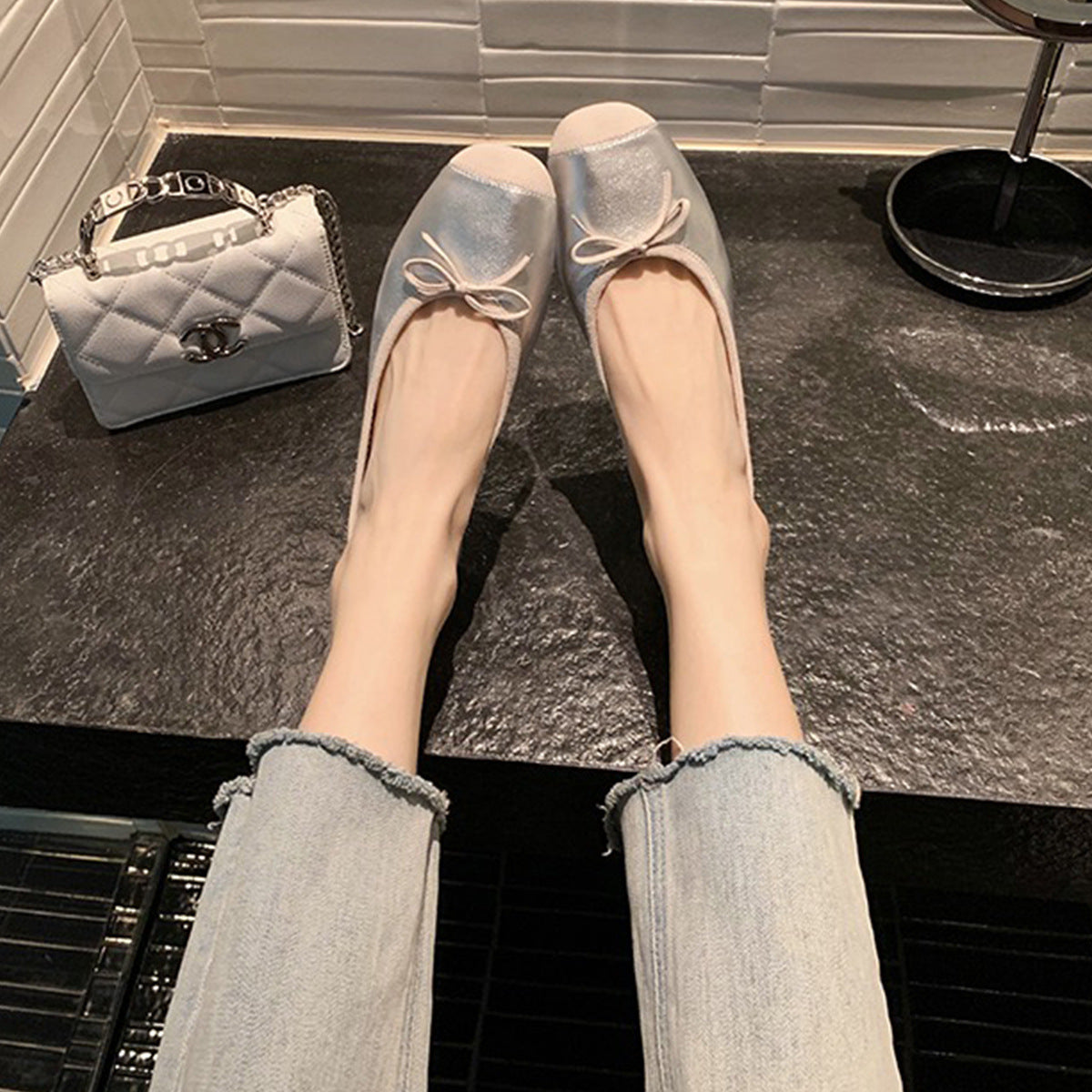 Dame klassisk Ballerina Flats med bånddetalje Stilla