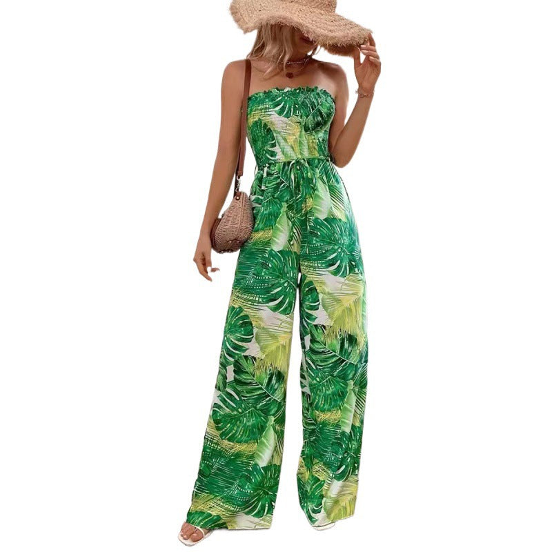 Dame Strapless Tropisk Tryk Jumpsuit Stilla