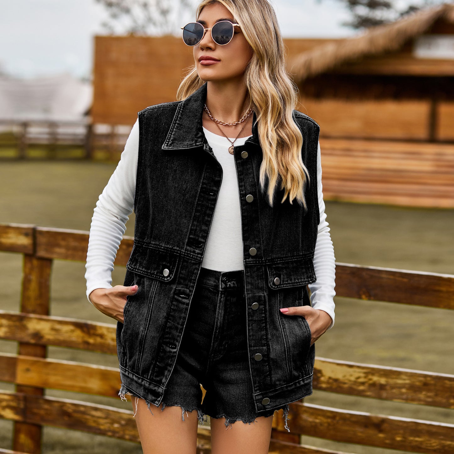 Dame denim-vest i afslappet oversized stil med praktiske lommer Stilla