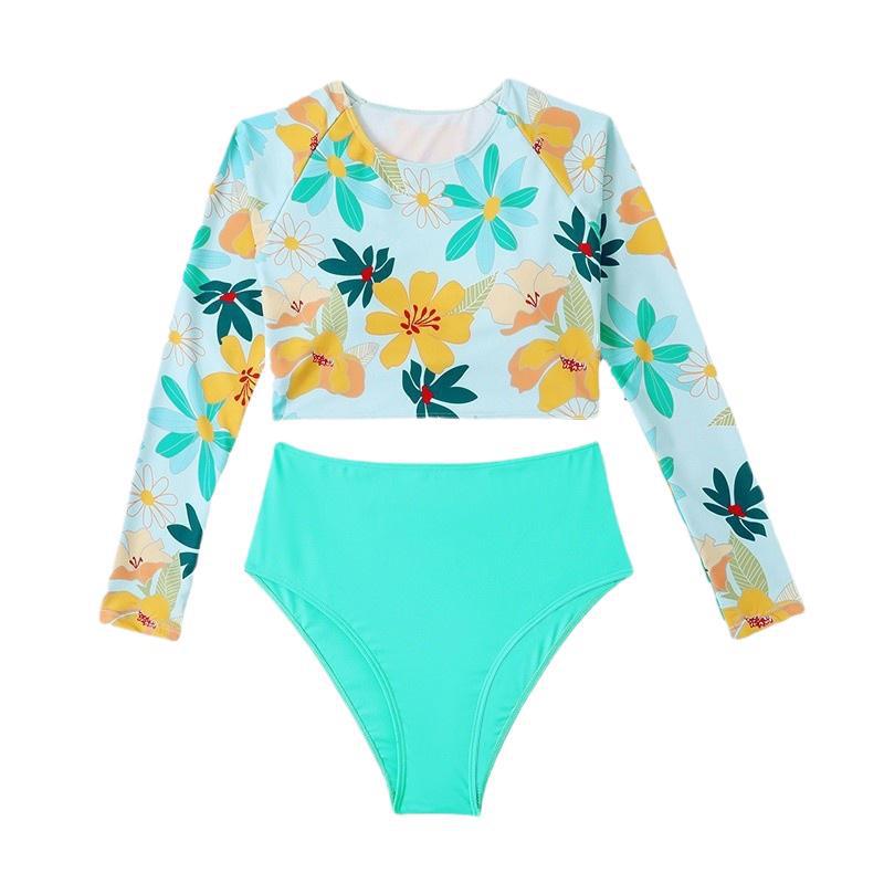 Frau Langarm Floral Print Crop Top Badedragtsæt Stilla