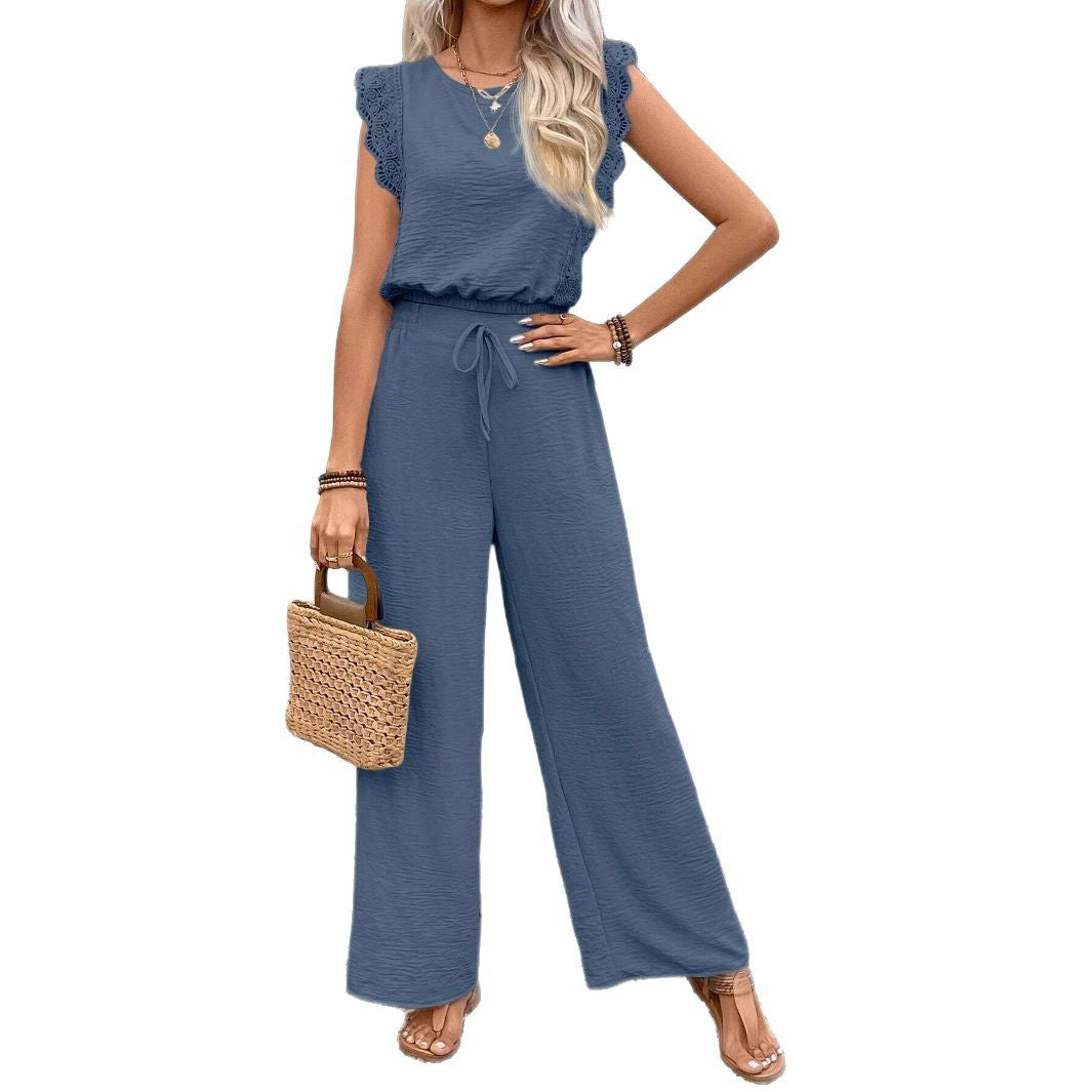 Dame luftig jumpsuit med flæsedetaljer og gummibånd Stilla