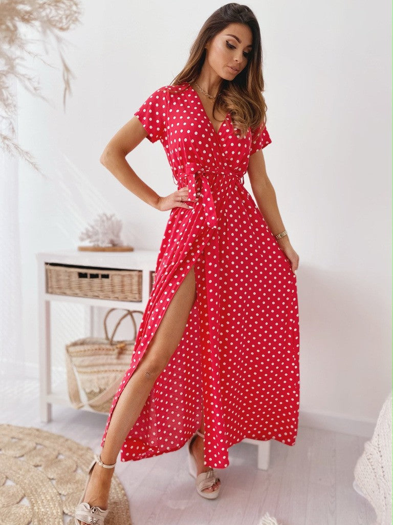 Dame Polka-Dot Maxikjole med sideslids og bundet bælte Stilla