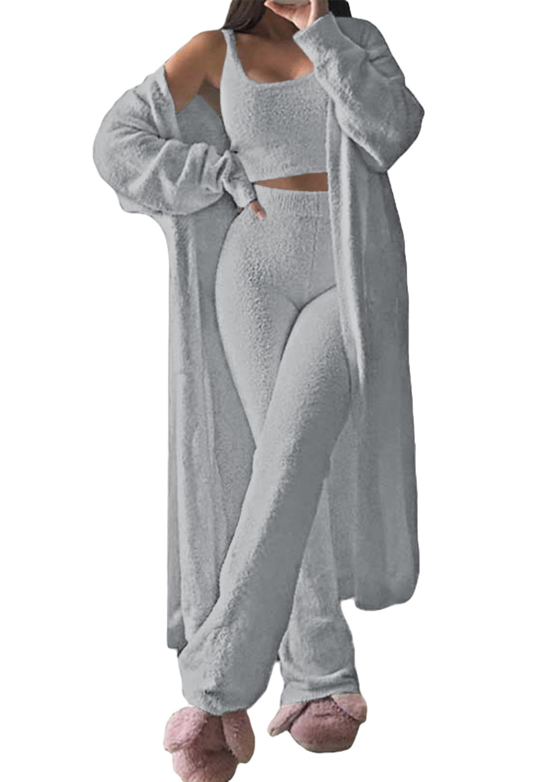 Dame komfortabel strik-loungewear-sæt med cardigan og dyb talje Stilla