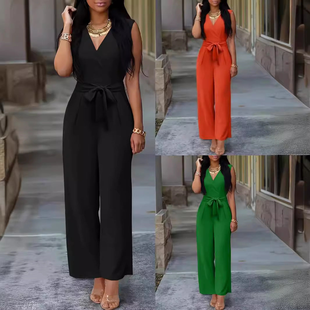 Dame Elegant Jumpsuit med Taljebælte og V-udskæring Stilla