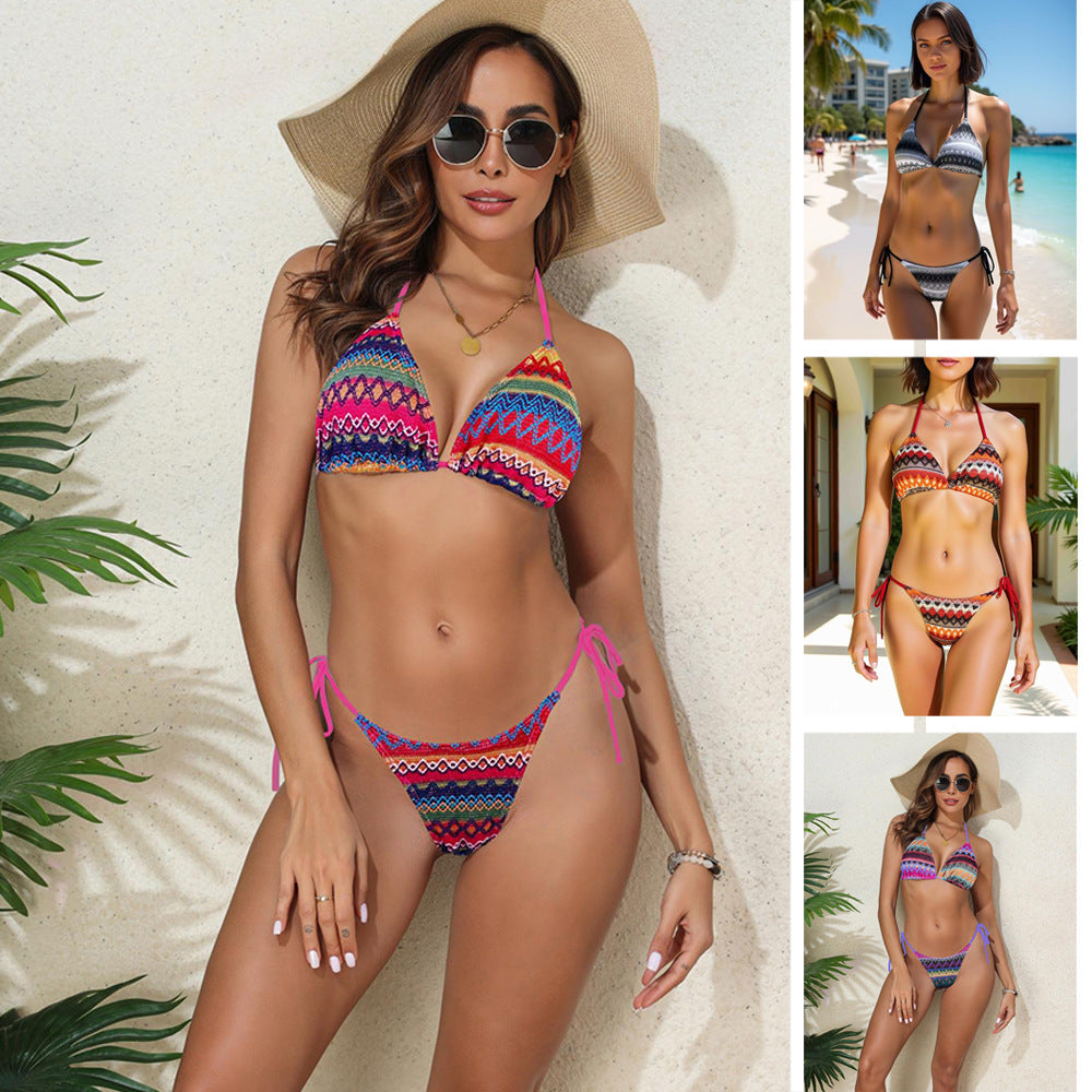 Dame Triangel-Bikini med trendy etnisk mønster og justerbare snore Stilla