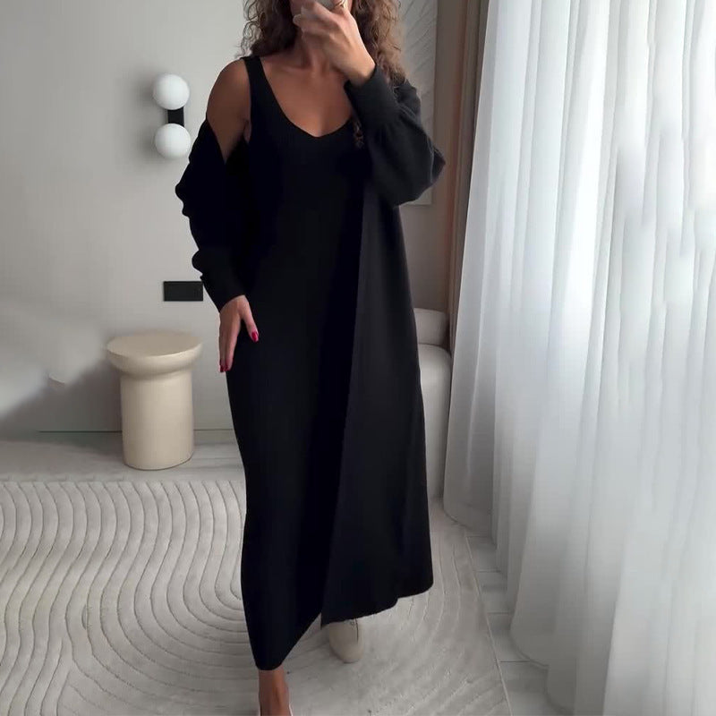 Dame Rippstrik Midi Kjole med elegant Cardigan Stilla