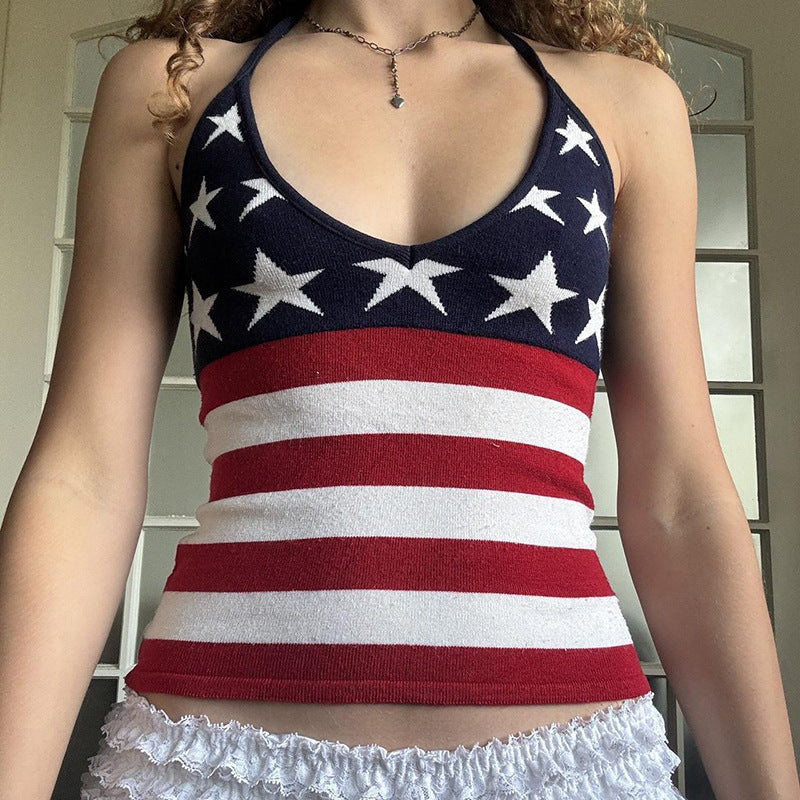 Dame tanktop med amerikansk flagmønster og V-udskæring Stilla