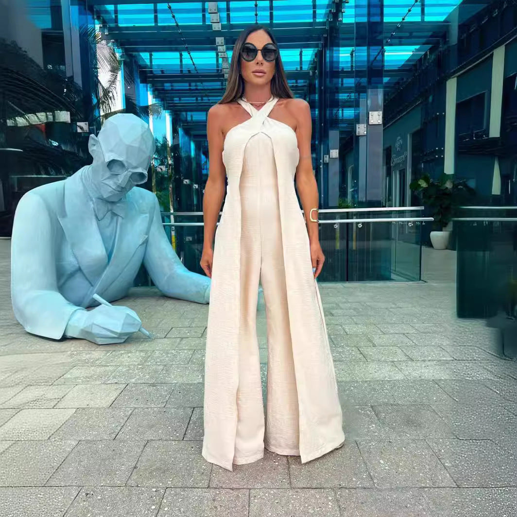 Dame jumpsuit med vidde ben og innovativ halterneck Stilla