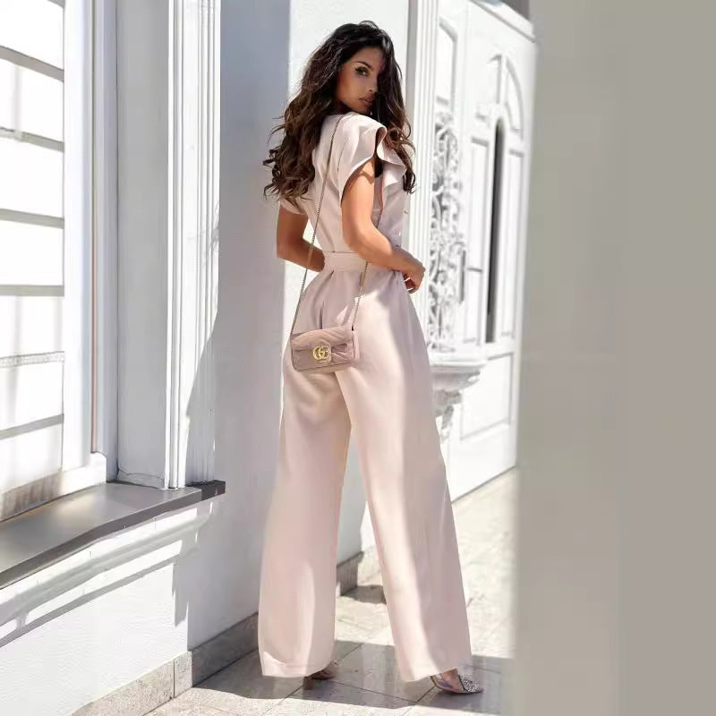 Dame Elegant Bred Ben Jumpsuit med Flæseærmer og Tegningsdetalje Stilla