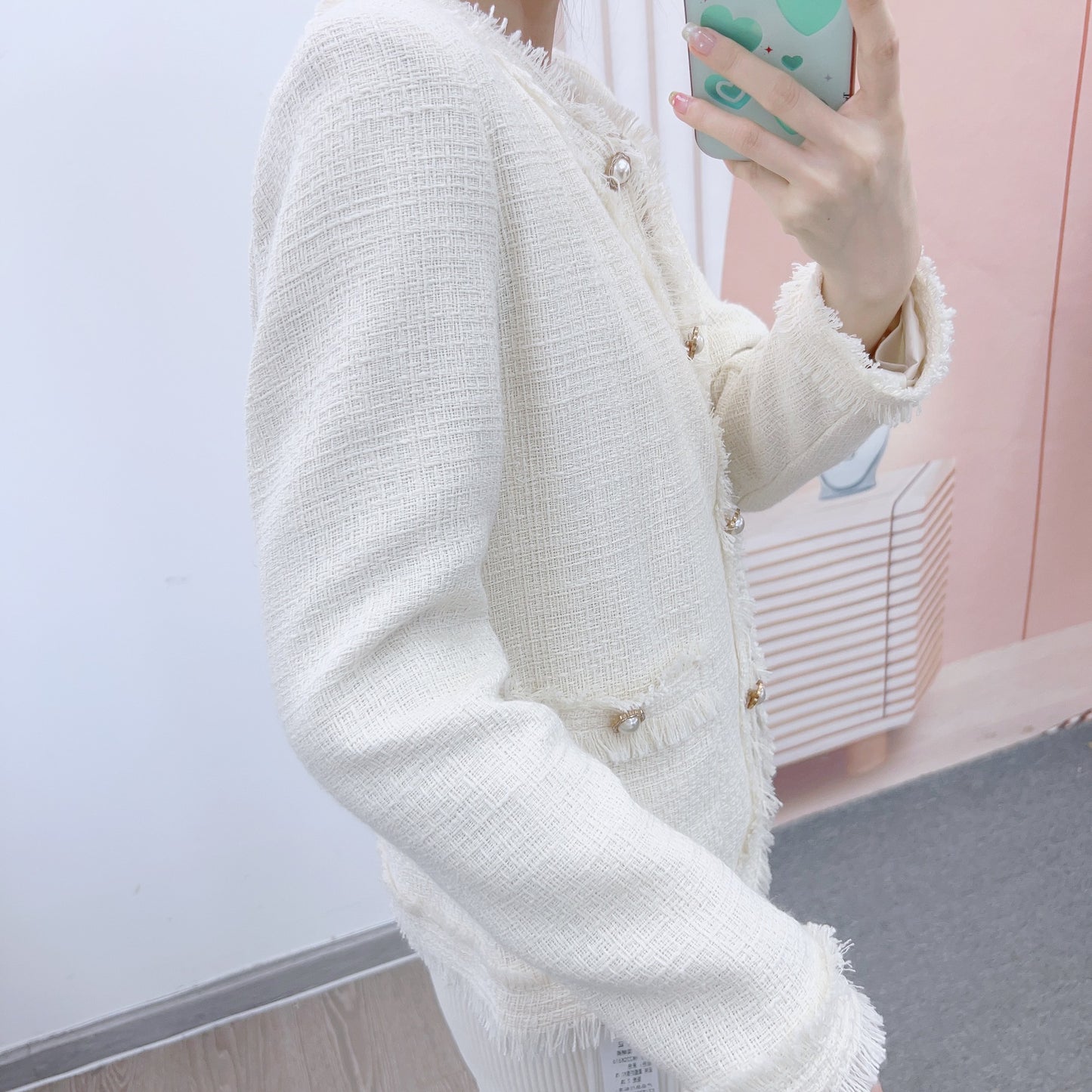 Dame elegant Boucle-jakke med frynser og perleknapper Stilla