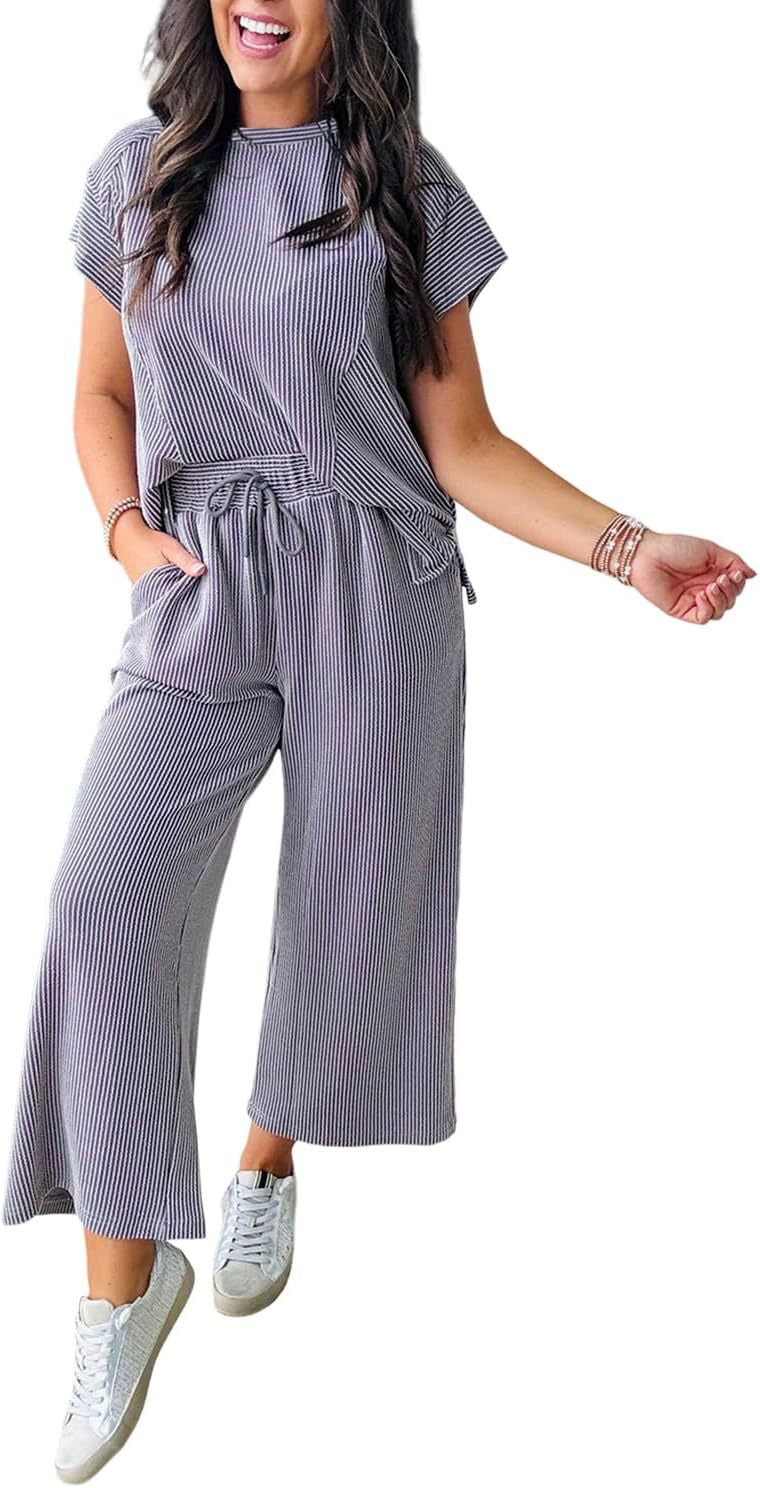 Dame afslappet strik-jumpsuit med brede ben og elastisk talje Stilla