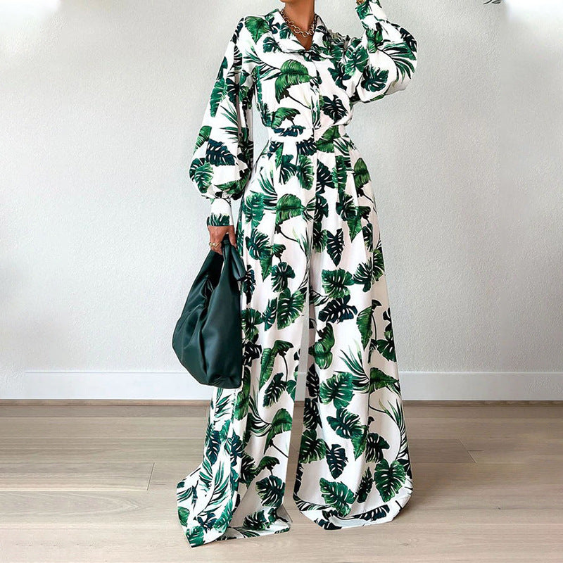 Dame Elegant Jumpsuit med bred ben og blomsterbladmønster Stilla