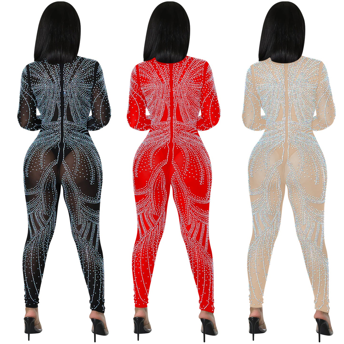 Dame elegant jumpsuit med strassdekorationer og dyb udskæring Stilla