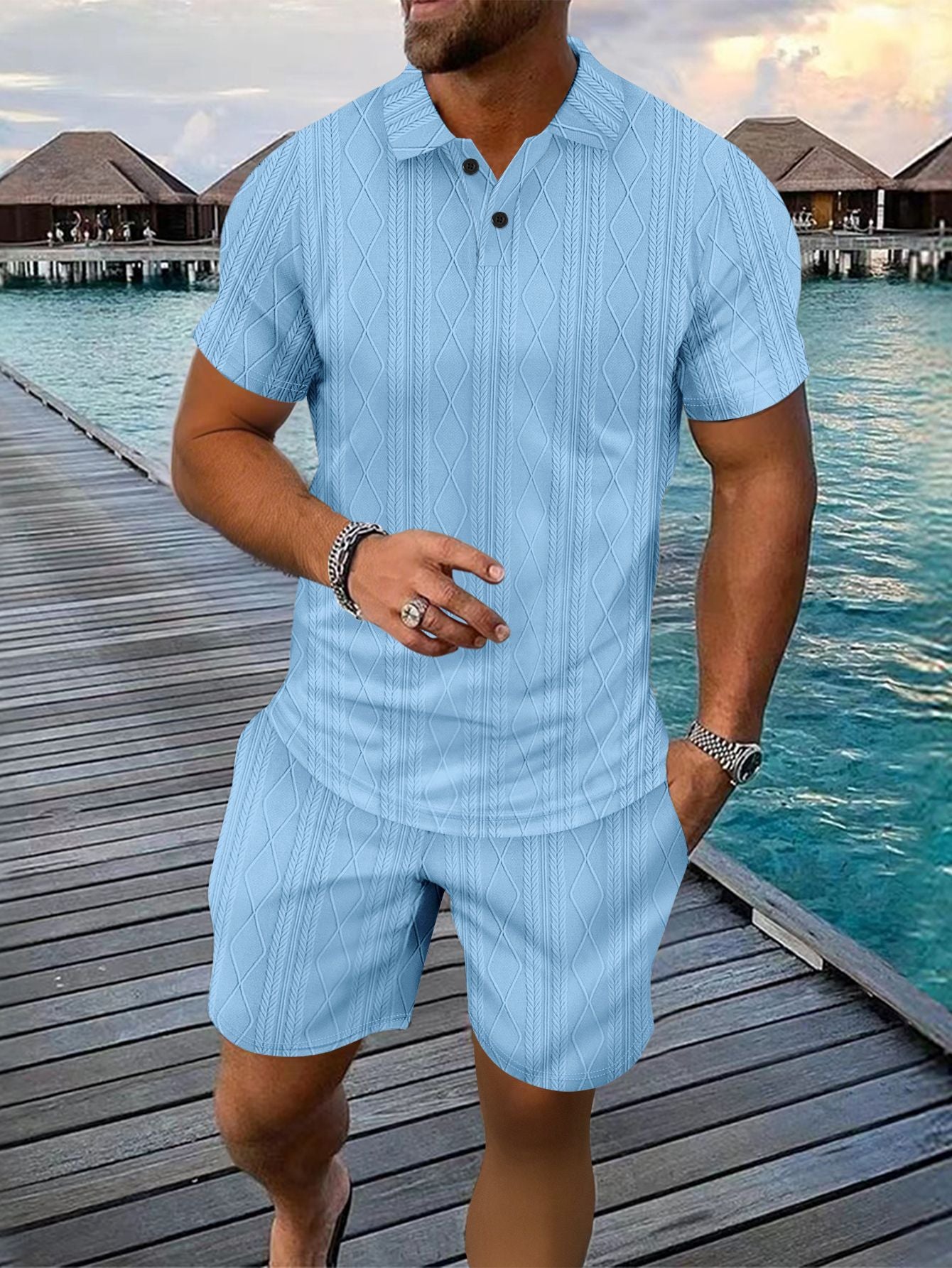 Herrer Strukturstrik Polo og Shorts Sæt Stilla