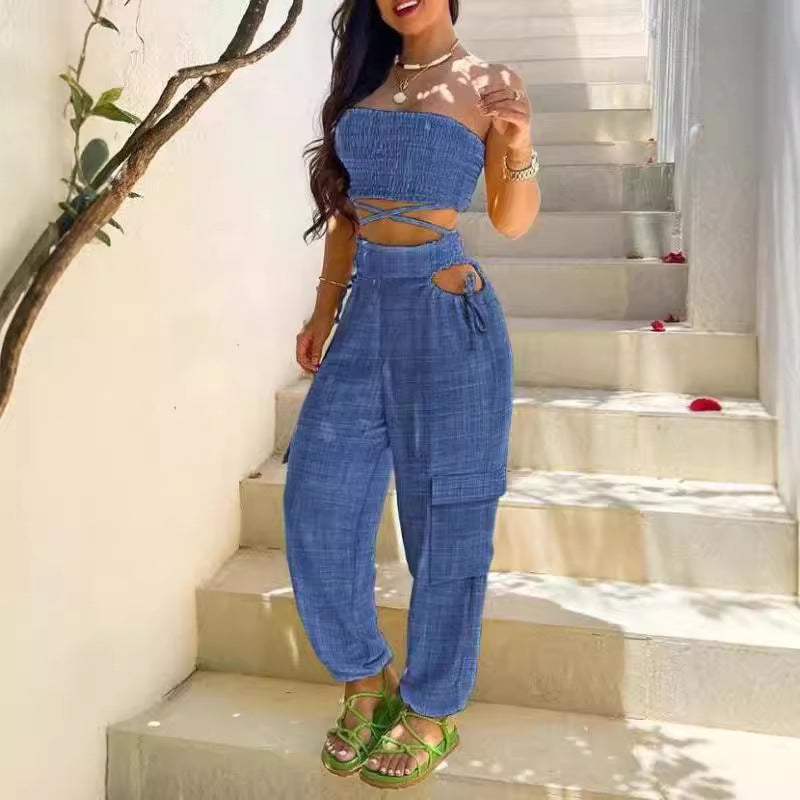 Dame afslappet sæt med crop top og high-waist cargo bukser Stilla