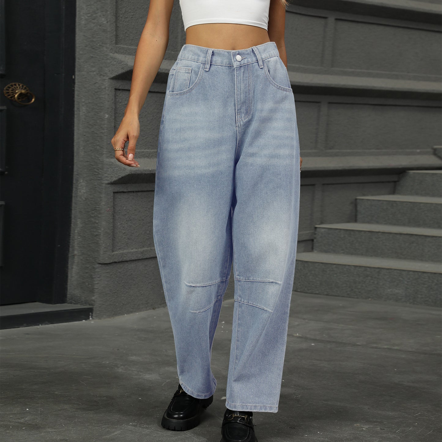 Dame løse høj talje jeans med bred ben og lommer Stilla