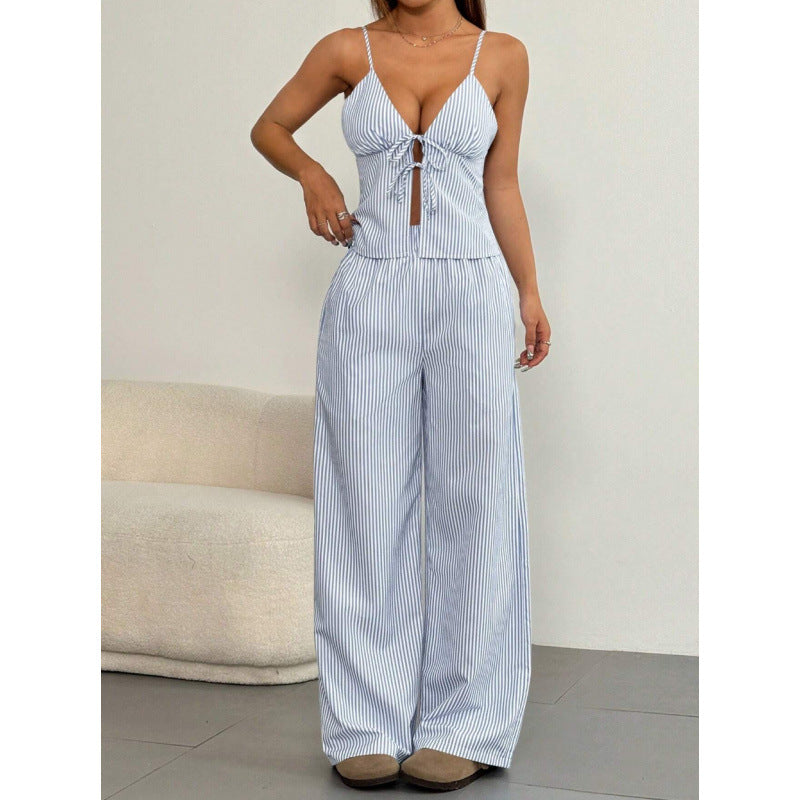 Dame Fritid To-delt Stribet Jumpsuit Sæt med Bindebånd foran Stilla
