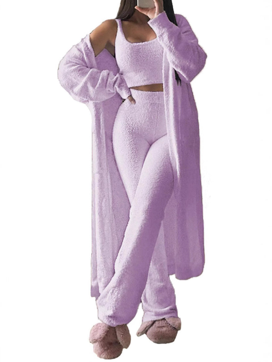 Dame komfortabel strik-loungewear-sæt med cardigan og dyb talje Stilla