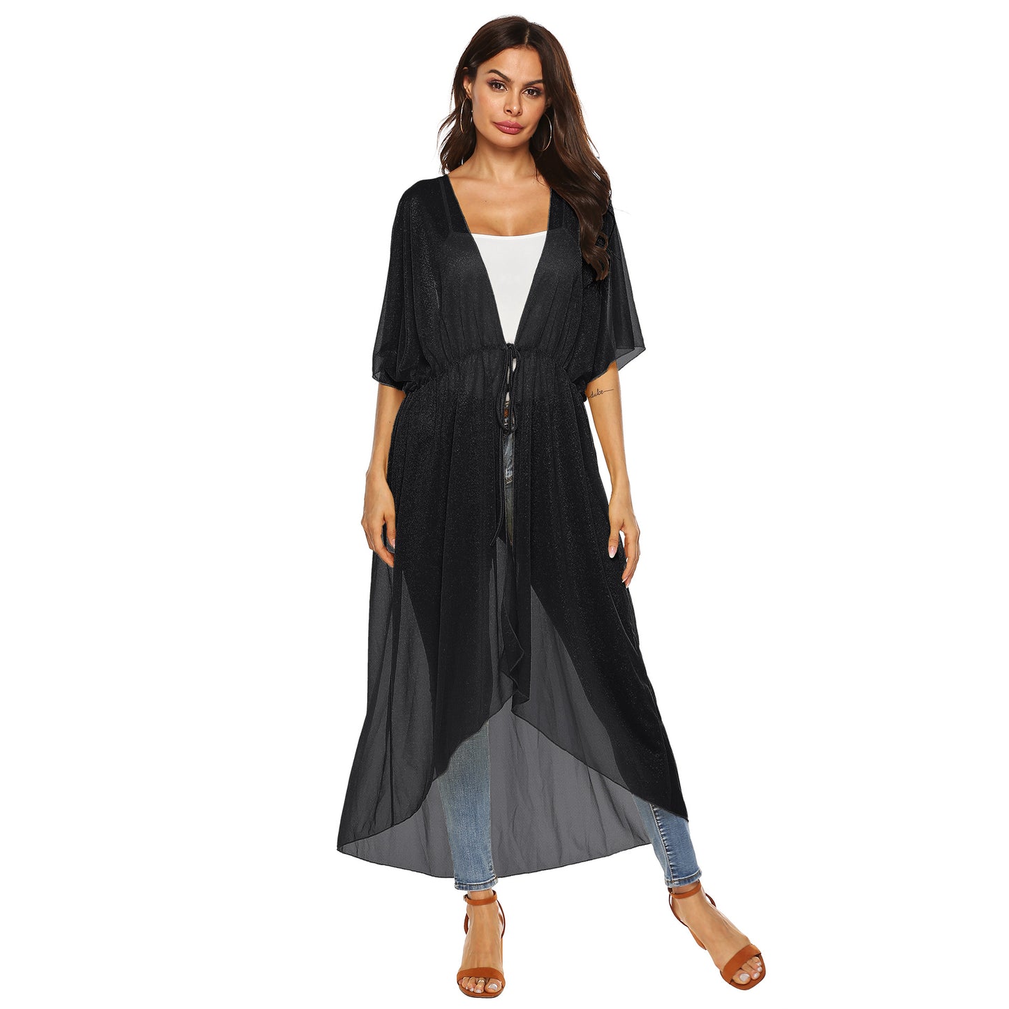 Dame elegant gennemsigtig strand kimono med justerbar talje snøring Stilla