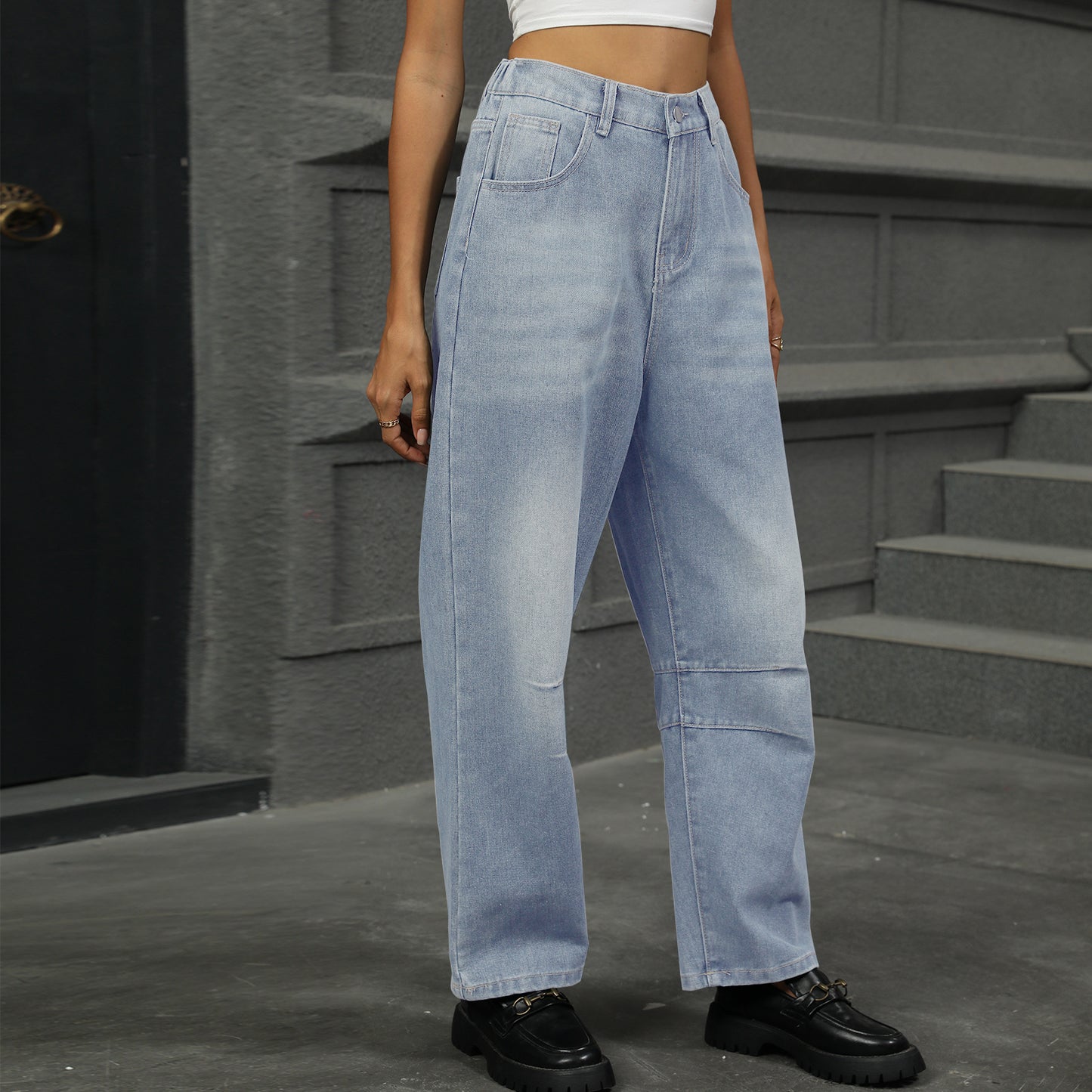 Dame løse høj talje jeans med bred ben og lommer Stilla