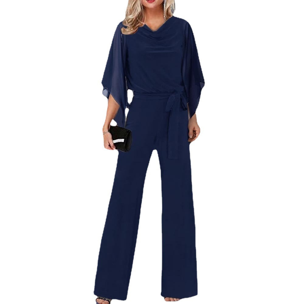 Dame elegant bred benudskæring jumpsuit med draperede ærmer Stilla