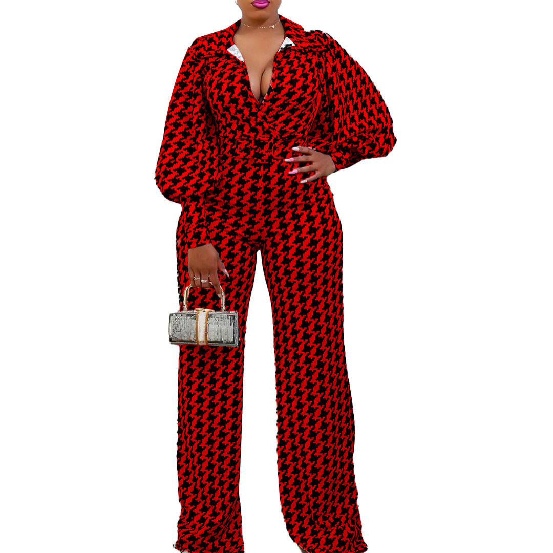 Dame jumpsuit med elegant hane-fremskridtmønster og vidde ben Stilla