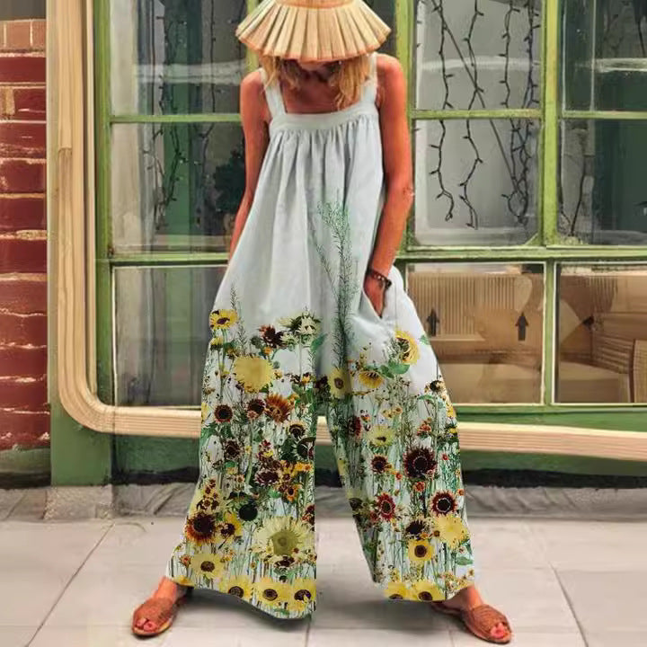Kvinde luftig Jumpsuit med farverigt blomsterprint og praktiske sidelommer Stilla