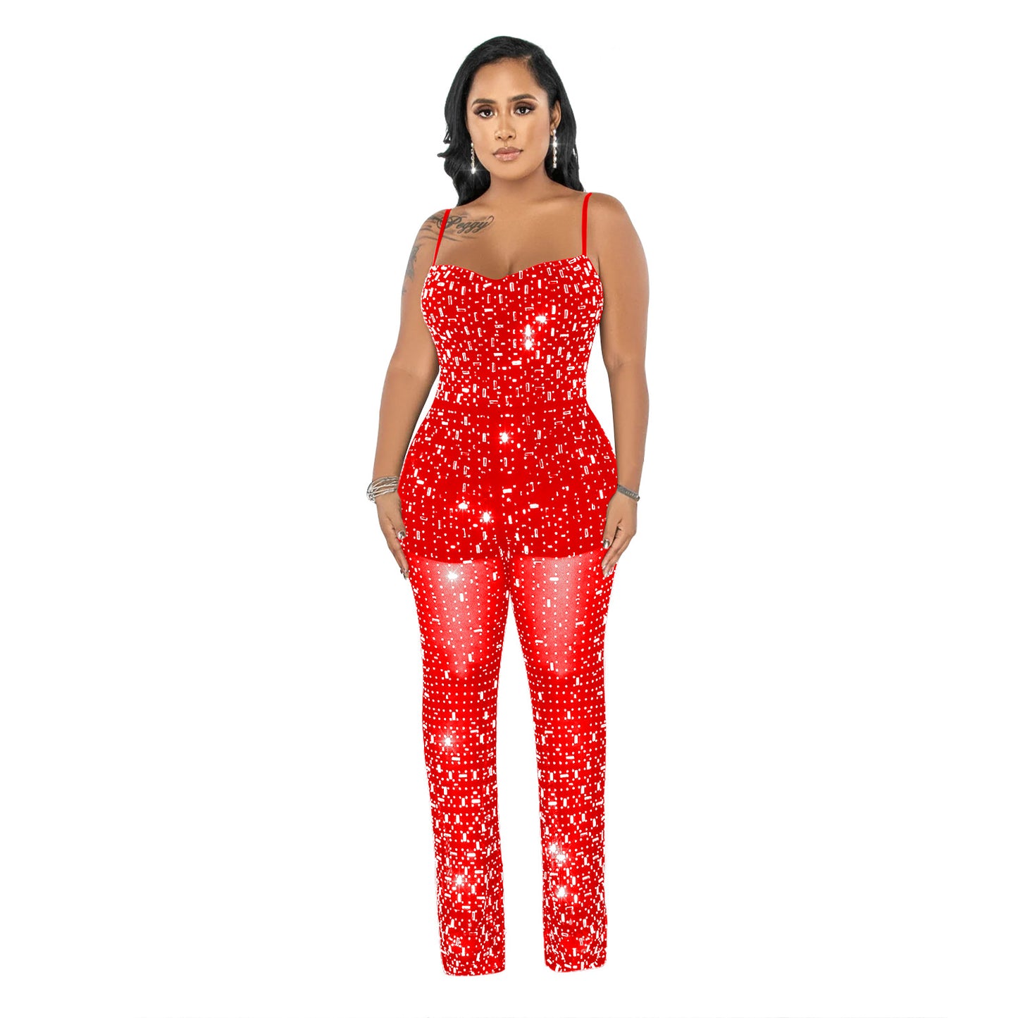 Dame Glitrende Jumpsuit med transparente indsatser og funkende paljetter Stilla