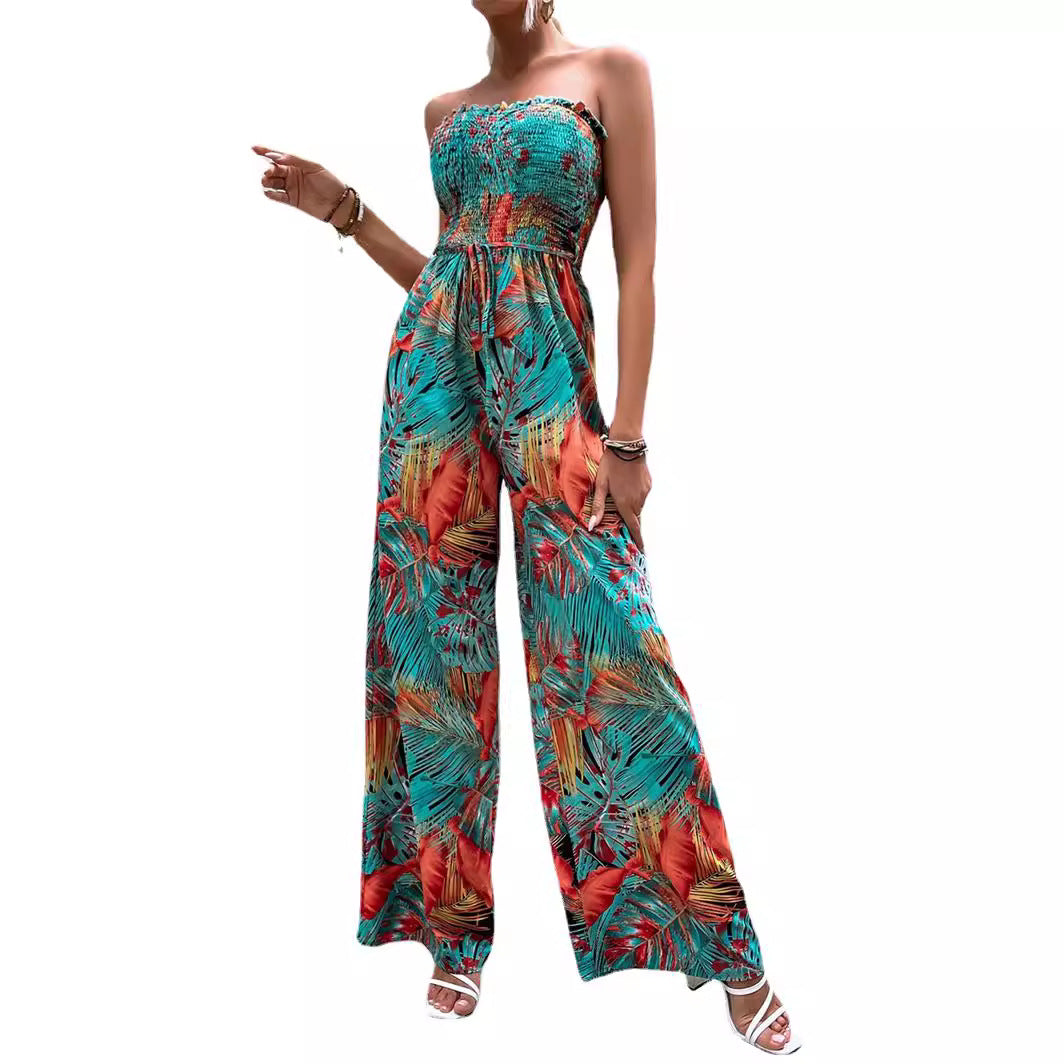 Dame sommerlig jumpsuit med palmemønster Stilla
