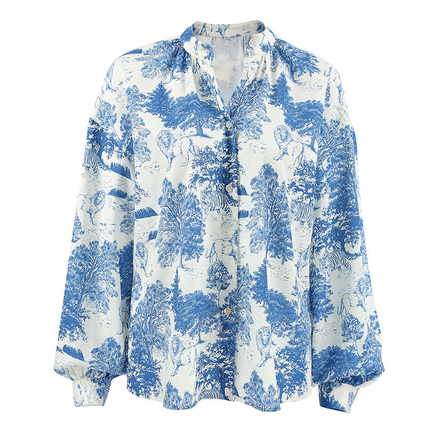 Dame skjorte bluse med floralt motiv og afslappet snit Stilla