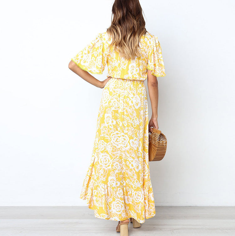 Dame Floral Print Maxi Kjole med Rynkebund Stilla