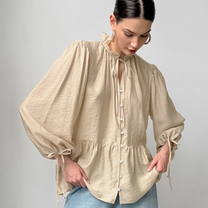Dame ruches blouse med lange ærmer og elastisk kant Stilla