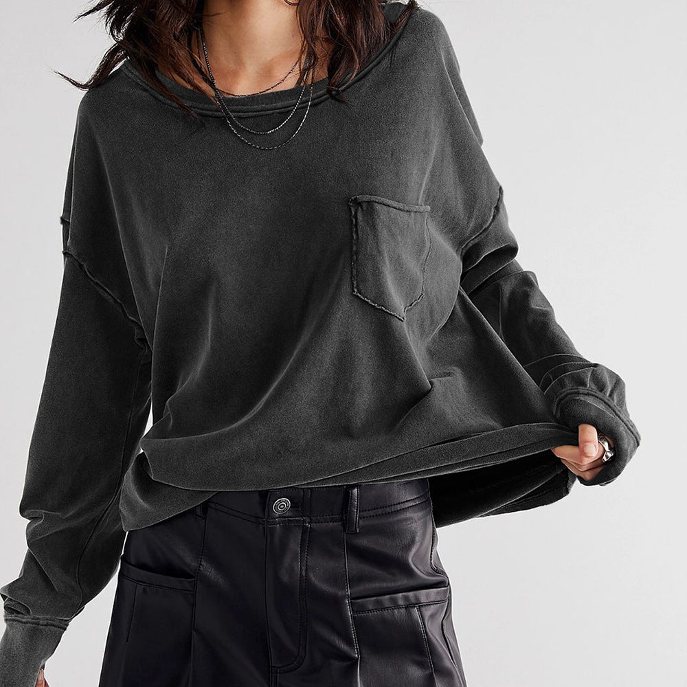 Dame afslappet langærmet skjorte med brystlomme og oversized snit Stilla