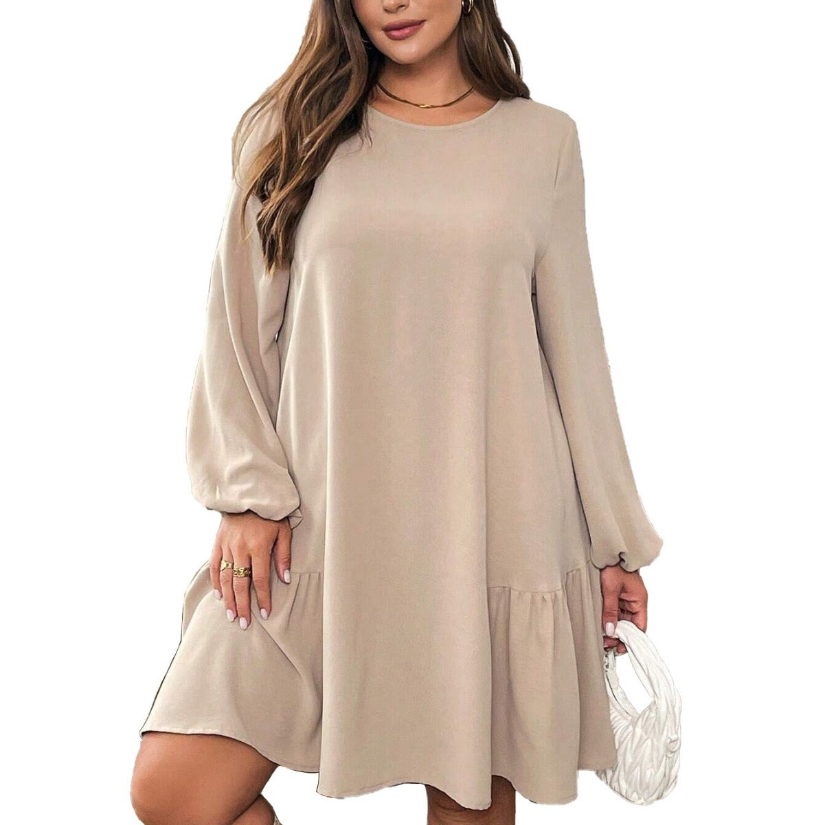 Dame afslappet langærmet kjole med flæsekant og elegant rund halsudskæring Stilla