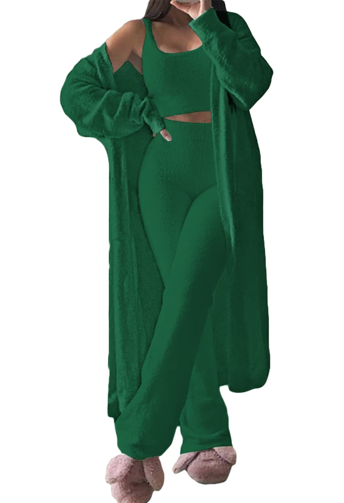 Dame komfortabel strik-loungewear-sæt med cardigan og dyb talje Stilla