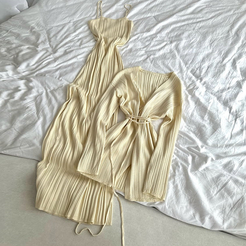 Dame maxikjole med elegant cardigan i moderne ribdesign Stilla