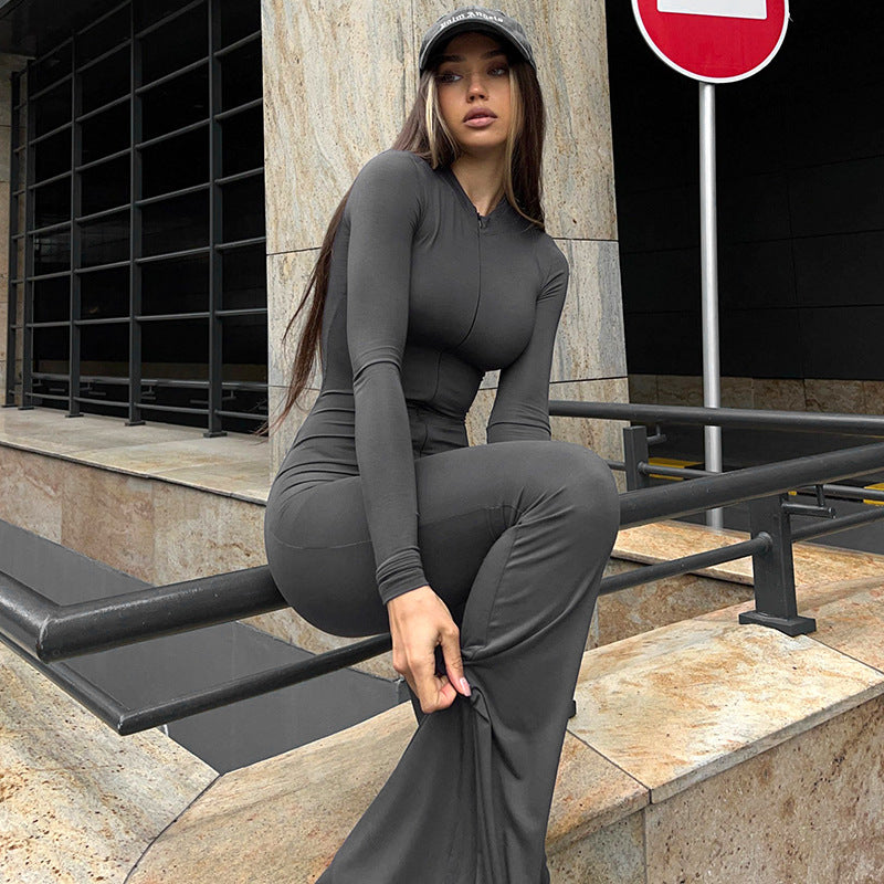 Dame Udringet Langærmet Jumpsuit med Lynlåsdetaljer Stilla