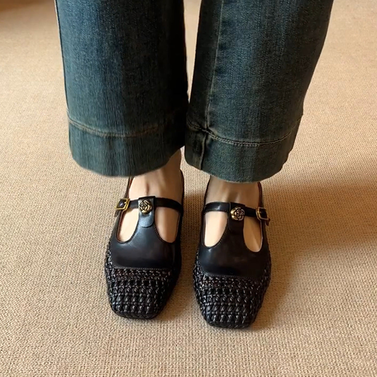 Dame Woven Mary Jane Slide Mules med dekorativ rem Stilla