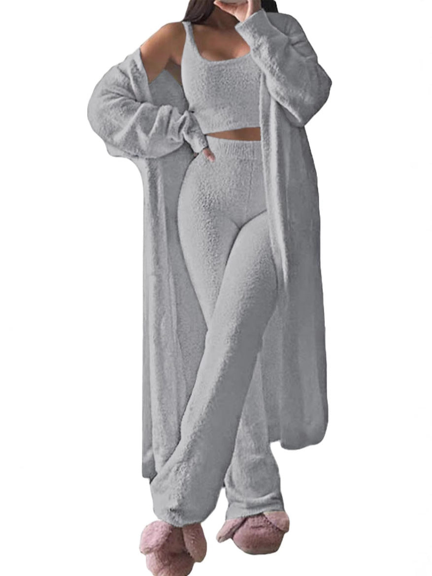 Dame komfortabel strik-loungewear-sæt med cardigan og dyb talje Stilla