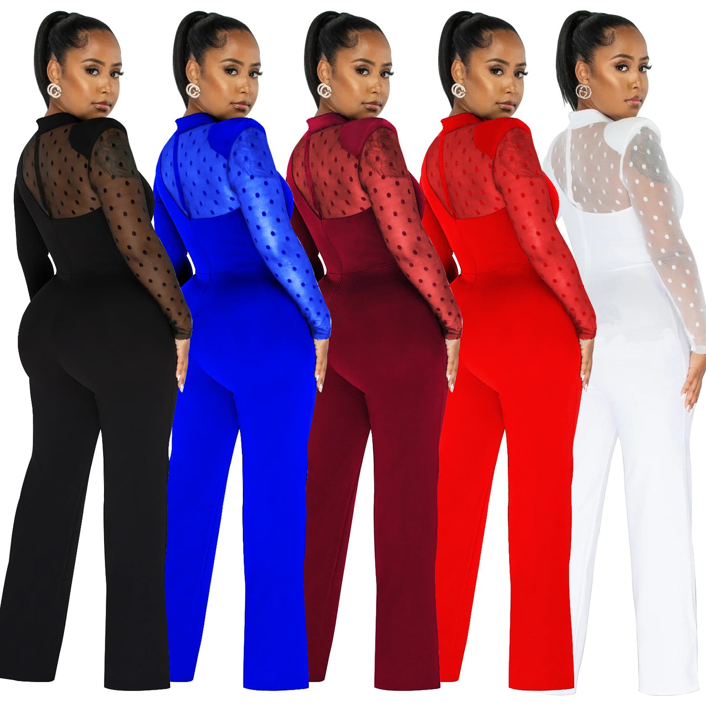 Dame Elegant Jumpsuit med transparente ærmer og stilfuld indpakningsdesign Stilla