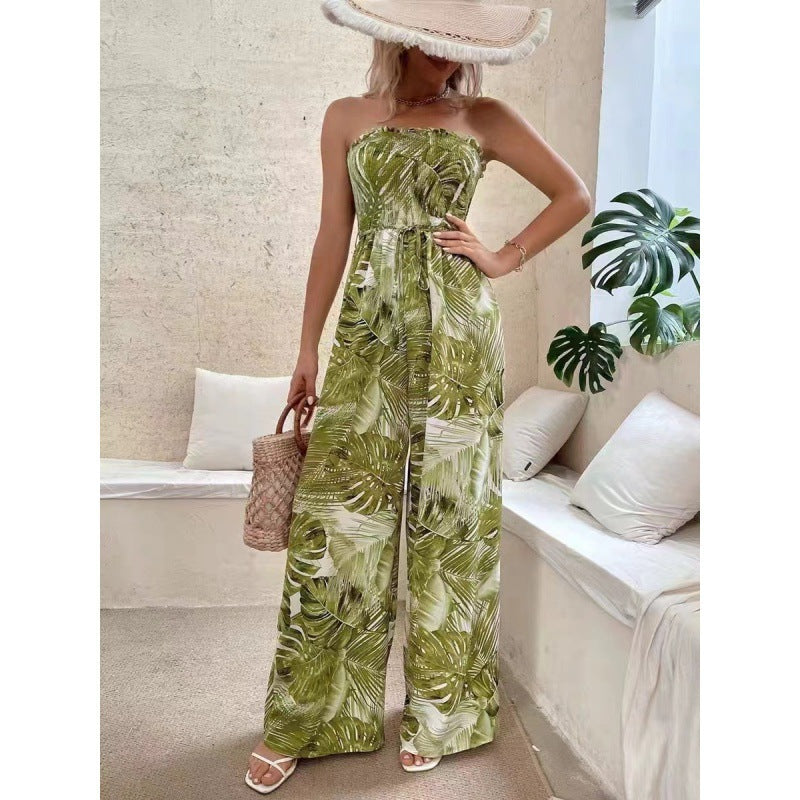 Dame Strapless Tropisk Tryk Jumpsuit Stilla