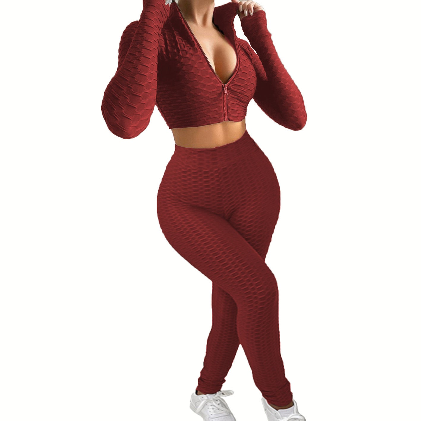 Dame Sportsæt i innovativ strukturstof med cropped hoodie og højtaljede leggings Stilla