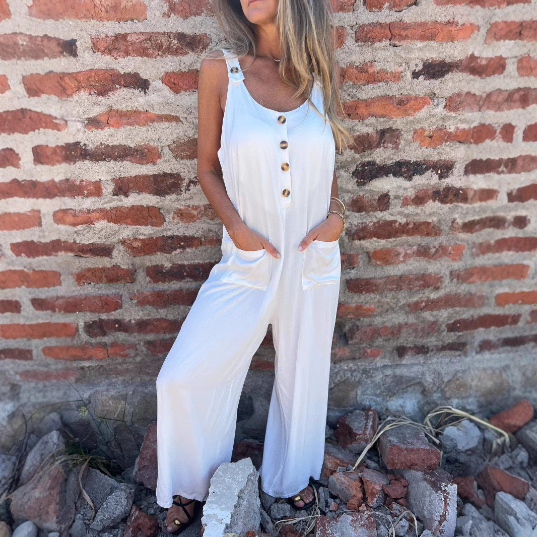 Dame Jumpsuit med vide ben og dekorative knapper Stilla