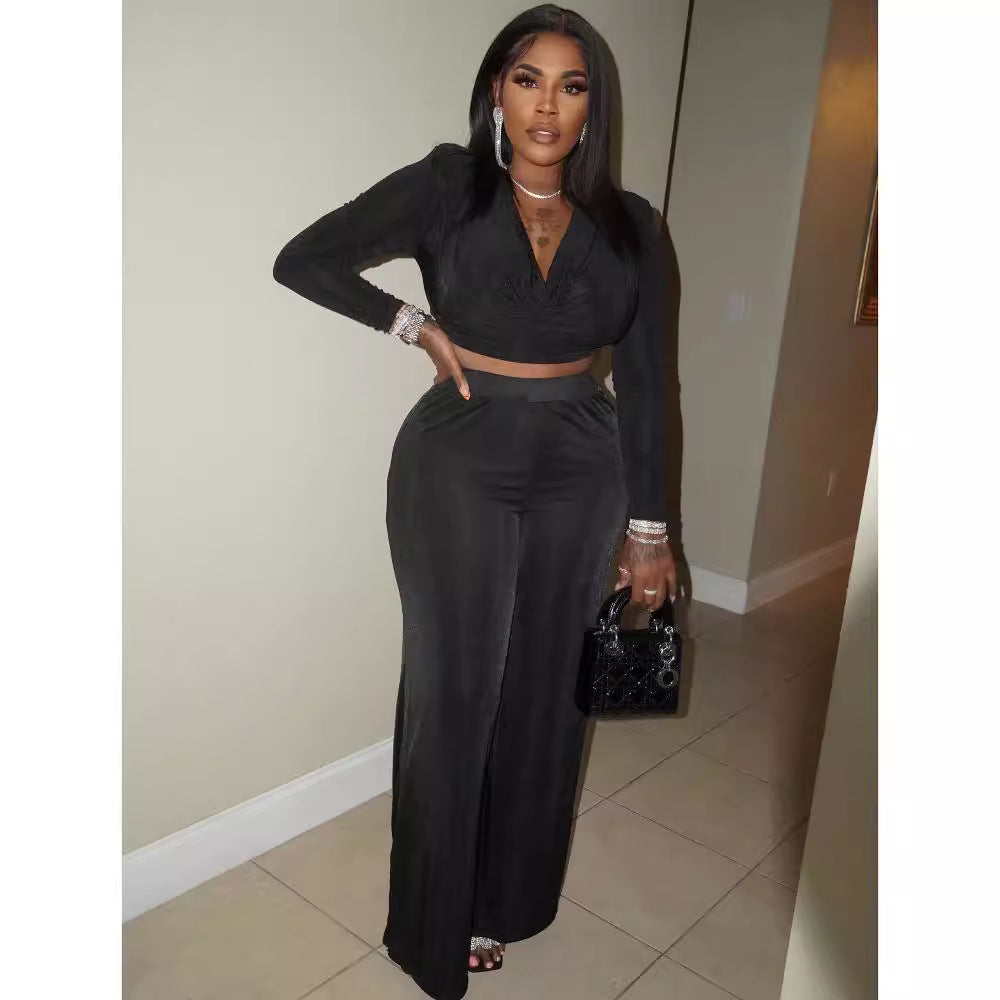 Dame Elegant Crop-Top og bredt skåret Bukser Sæt Stilla