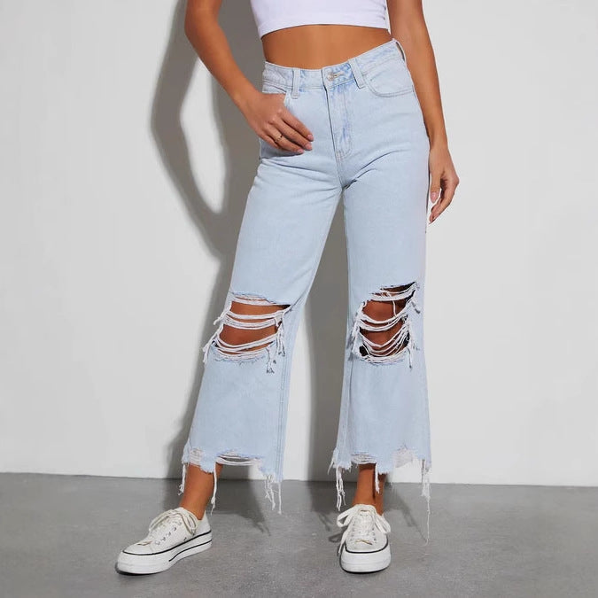 Dame Ripped Wide-Leg Jeans med frynset kant Stilla