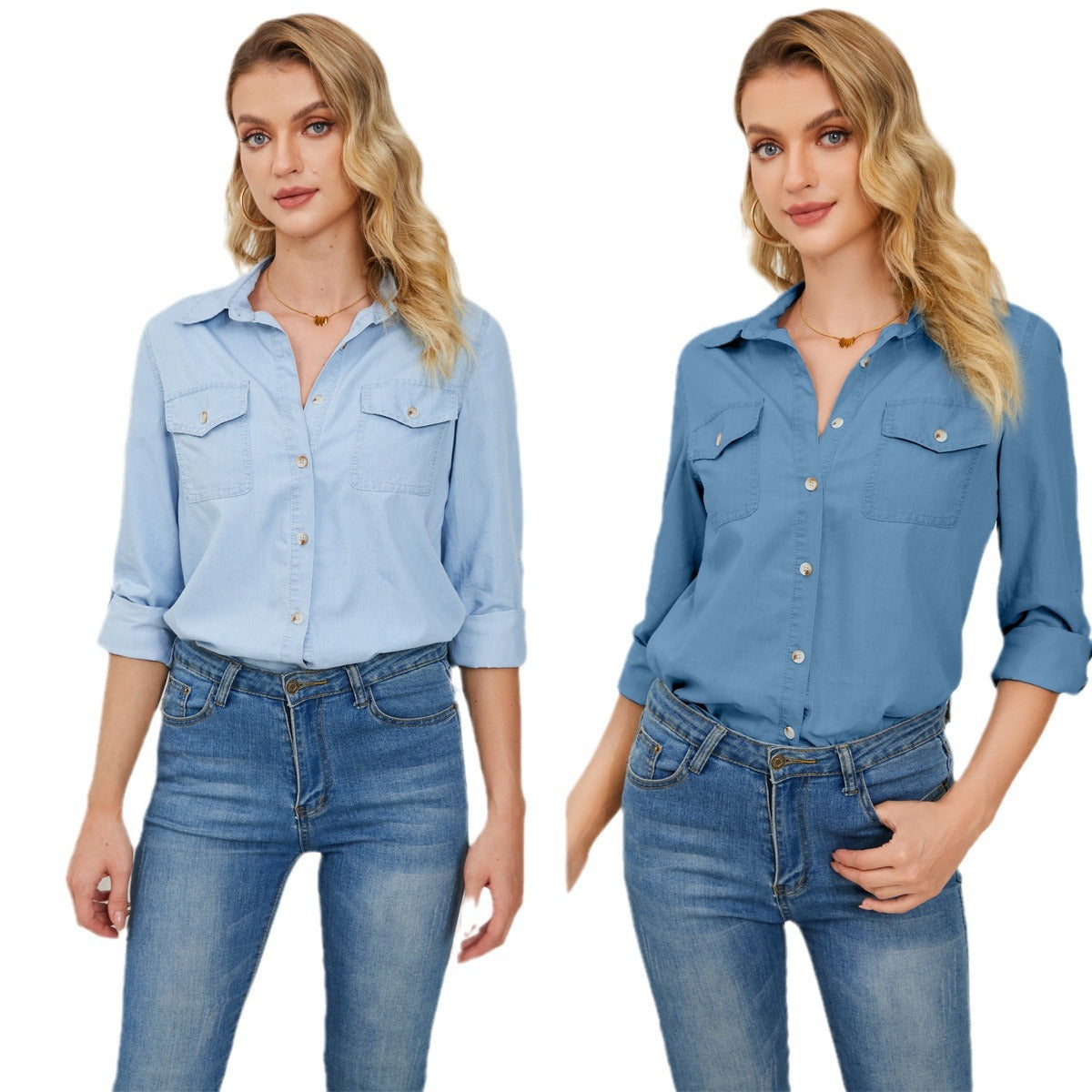 Dame Denim Skjortebluse med brystlommer og casual pasform Stilla