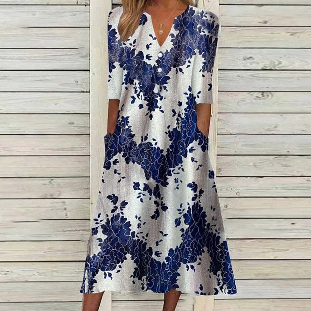 Stilla | Trendy Print Knap Trekvart Ærme Kjole