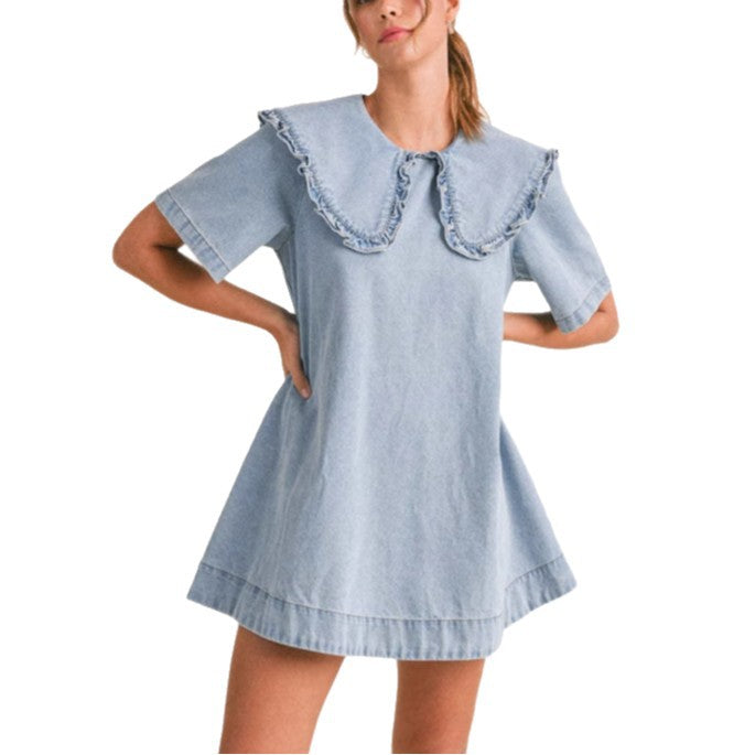 Dame denimkjole med voluminøse flæse detaljer Stilla