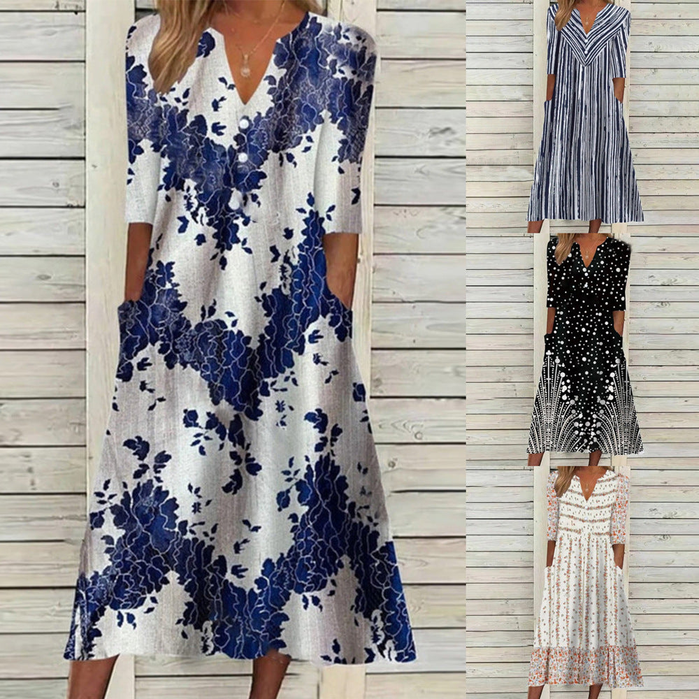 Stilla | Trendy Print Knap Trekvart Ærme Kjole